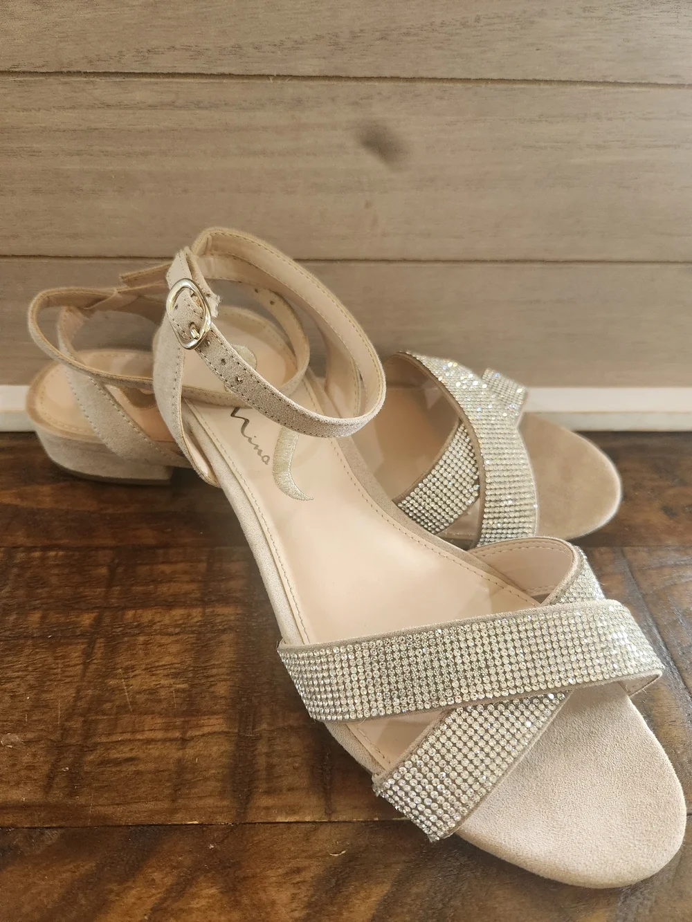 Nina Gold Rhinestone Crisscross Ankle Strap Sandals
